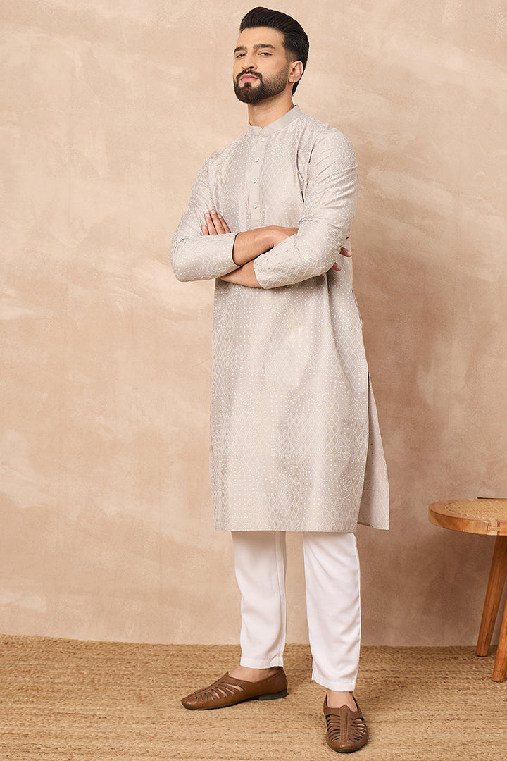 Grey Silk Geometric Printed Straight Kurta | SHOBITAM