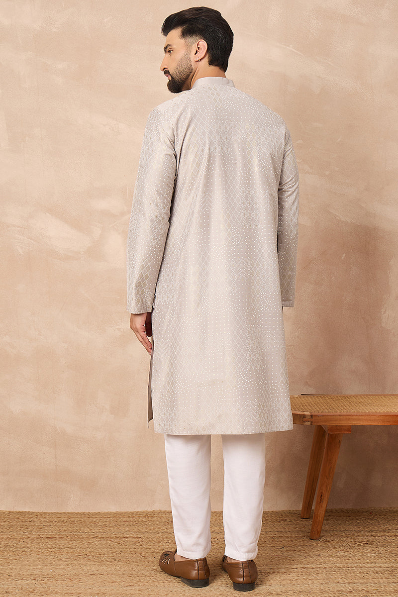 Grey Silk Geometric Printed Straight Kurta | SHOBITAM