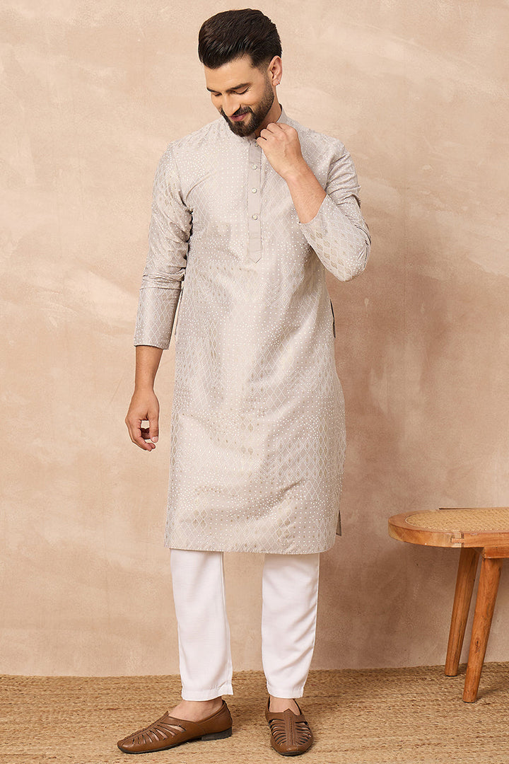 Grey Silk Geometric Printed Straight Kurta | SHOBITAM