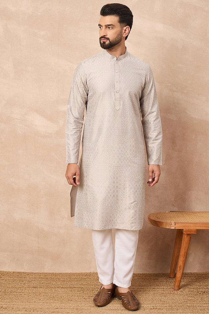 Grey Silk Geometric Printed Straight Kurta | SHOBITAM