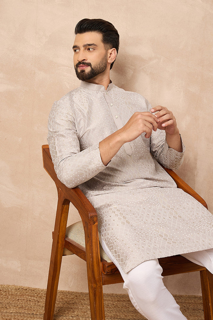 Grey Silk Geometric Printed Straight Kurta | SHOBITAM