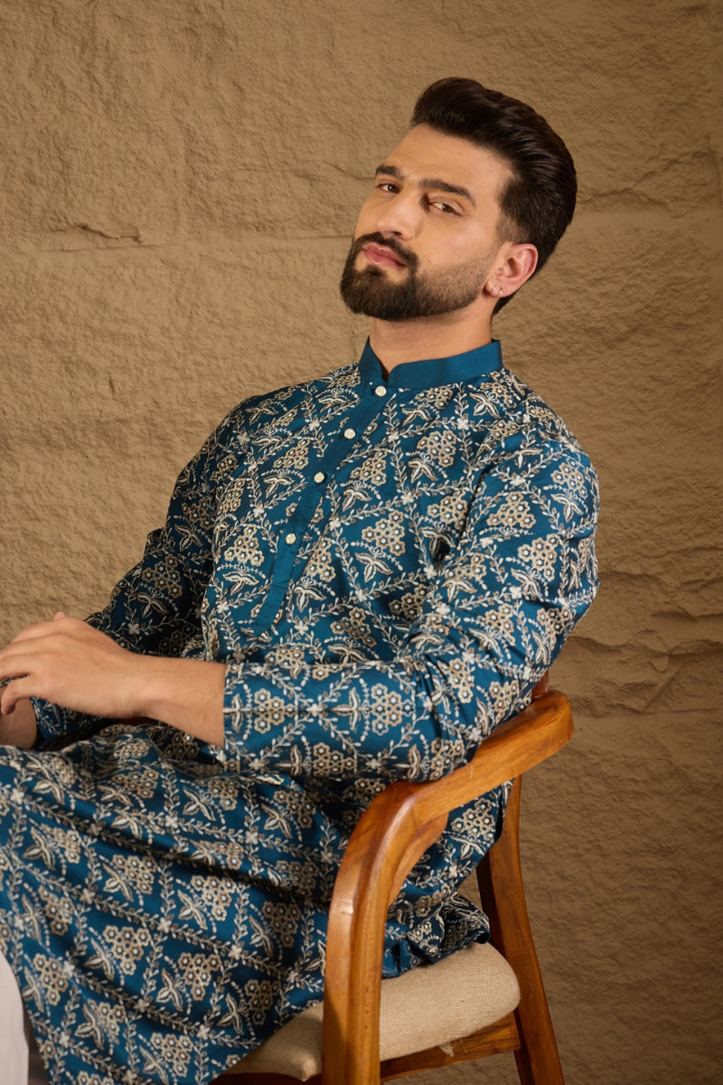 Blue Silk Printed Straight Kurta | SHOBITAM