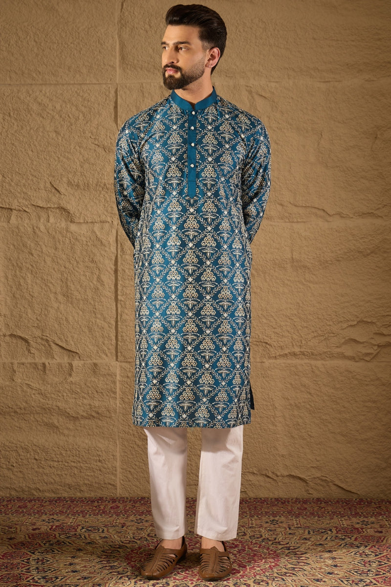 Blue Silk Printed Straight Kurta | SHOBITAM