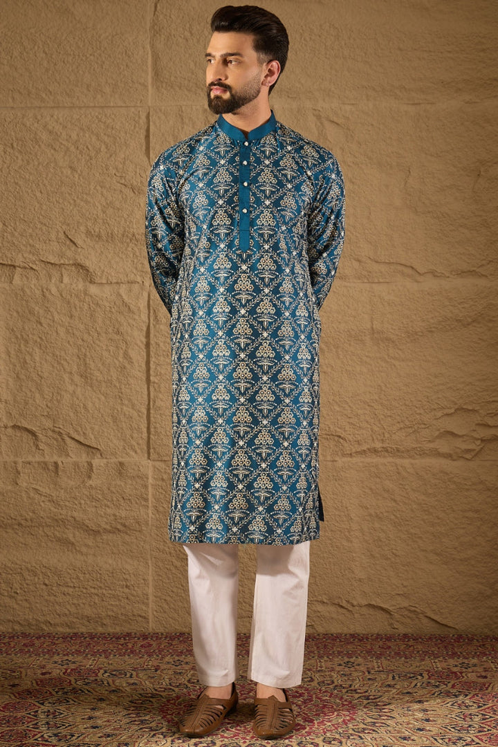 Blue Silk Printed Straight Kurta | SHOBITAM