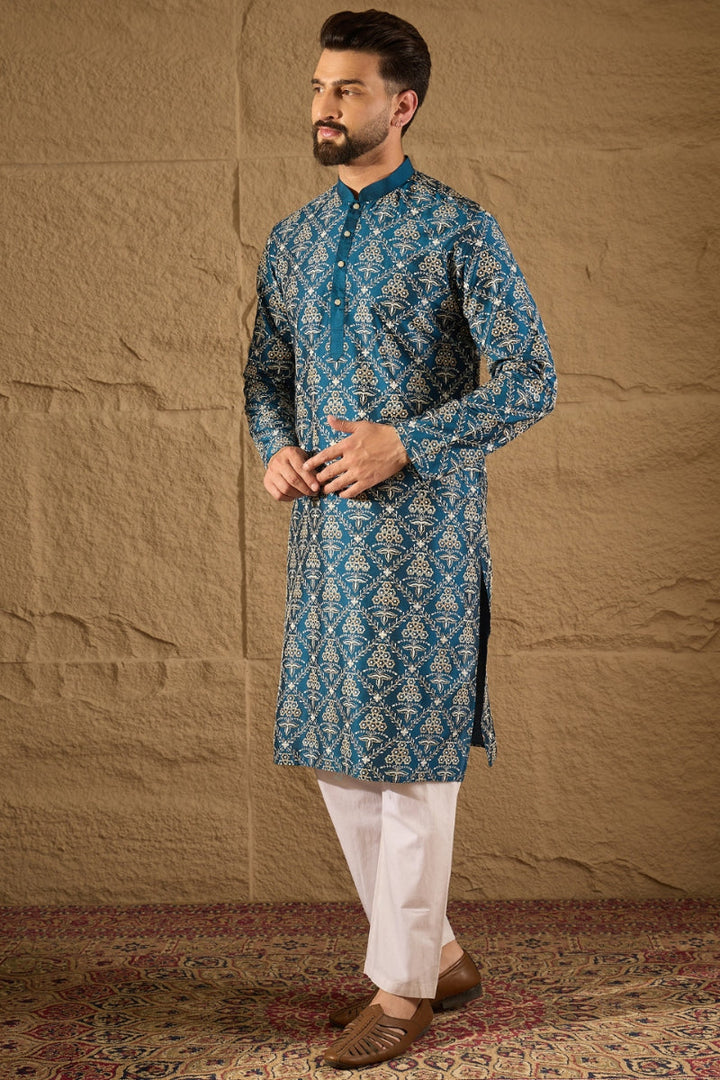 Blue Silk Printed Straight Kurta | SHOBITAM
