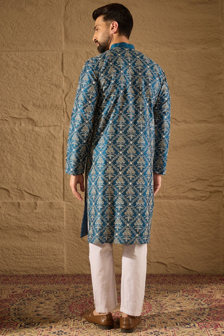 Blue Silk Printed Straight Kurta | SHOBITAM
