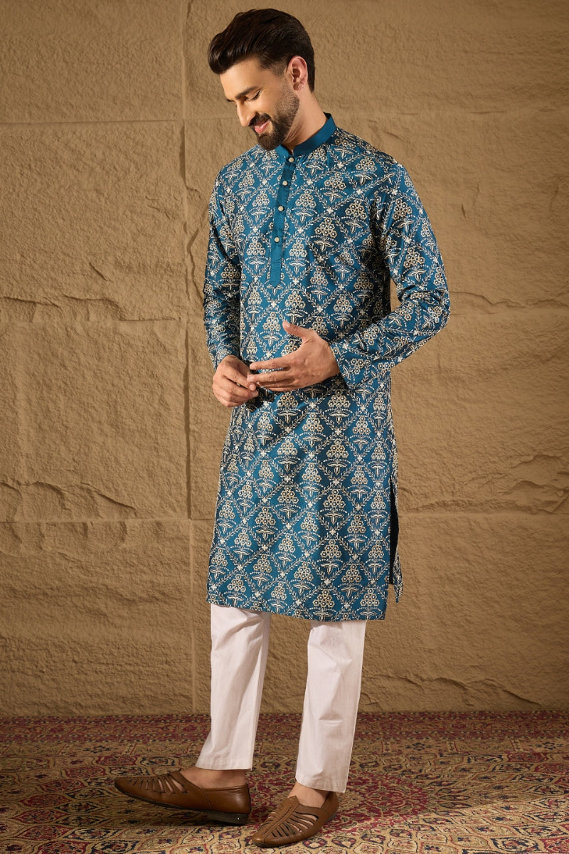 Blue Silk Printed Straight Kurta | SHOBITAM