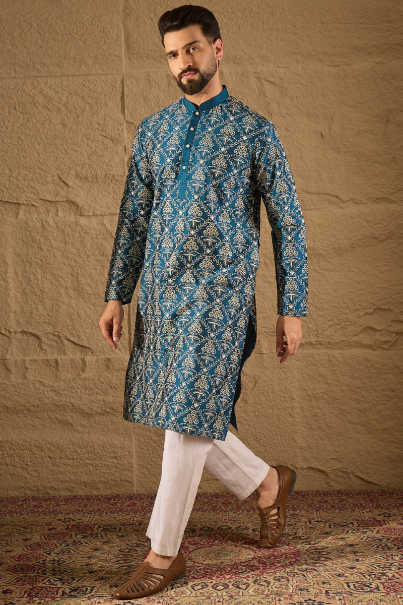 Blue Silk Printed Straight Kurta | SHOBITAM