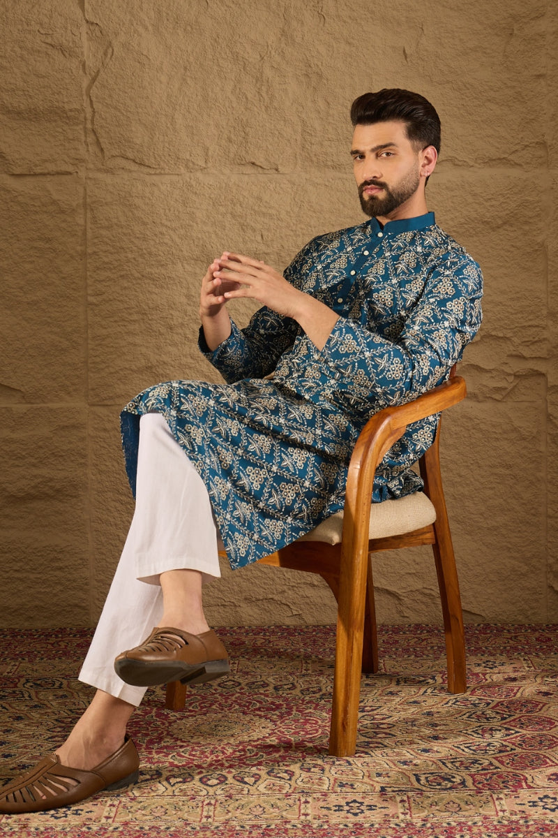 Blue Silk Printed Straight Kurta | SHOBITAM