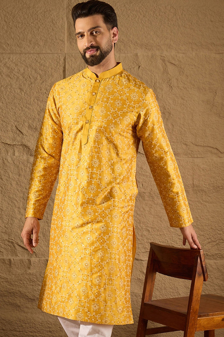 Yellow Silk Geometric Printed Straight Kurta | shobitam