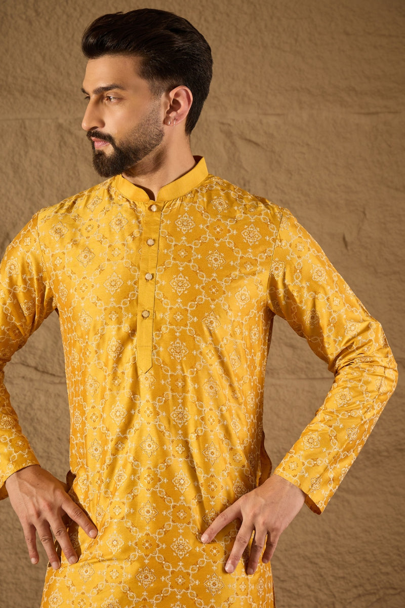 Yellow Silk Geometric Printed Straight Kurta | shobitam