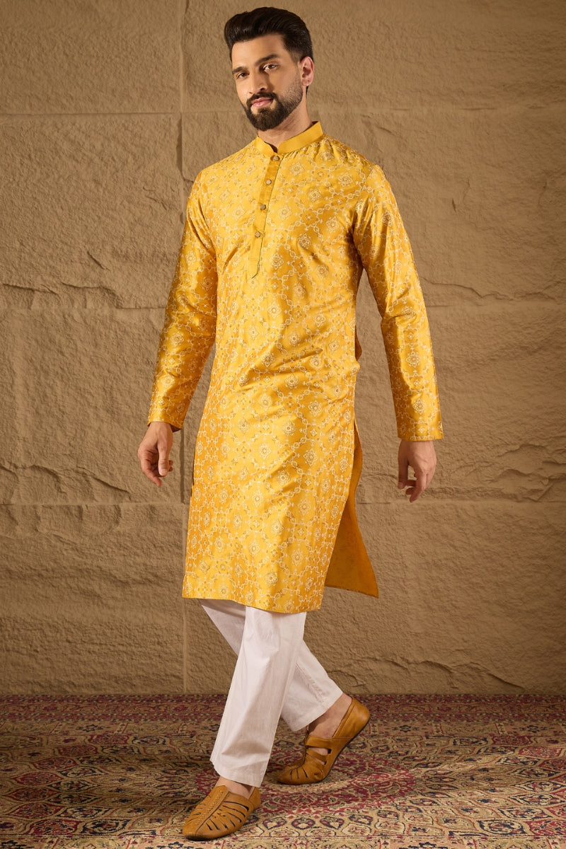 Yellow Silk Geometric Printed Straight Kurta | shobitam