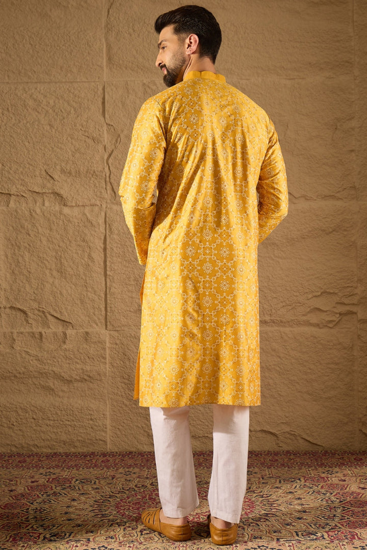 Yellow Silk Geometric Printed Straight Kurta | shobitam