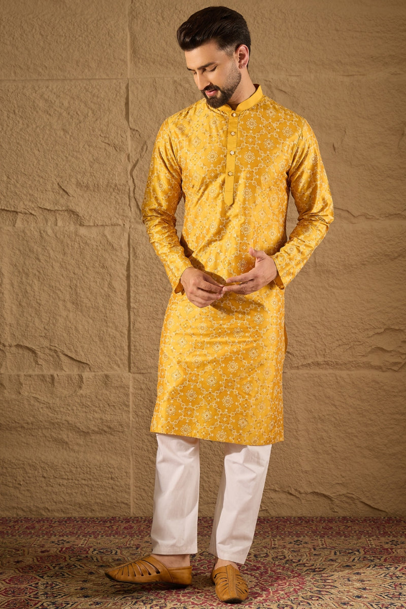 Yellow Silk Geometric Printed Straight Kurta | shobitam