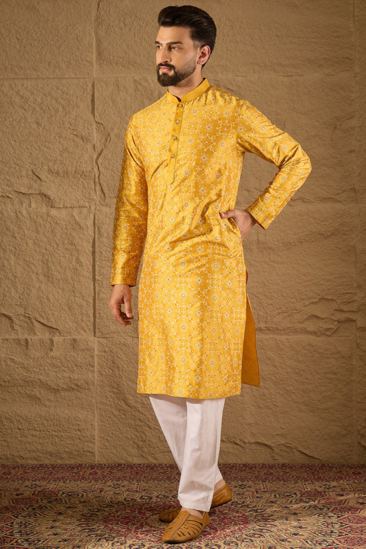 Yellow Silk Geometric Printed Straight Kurta | shobitam