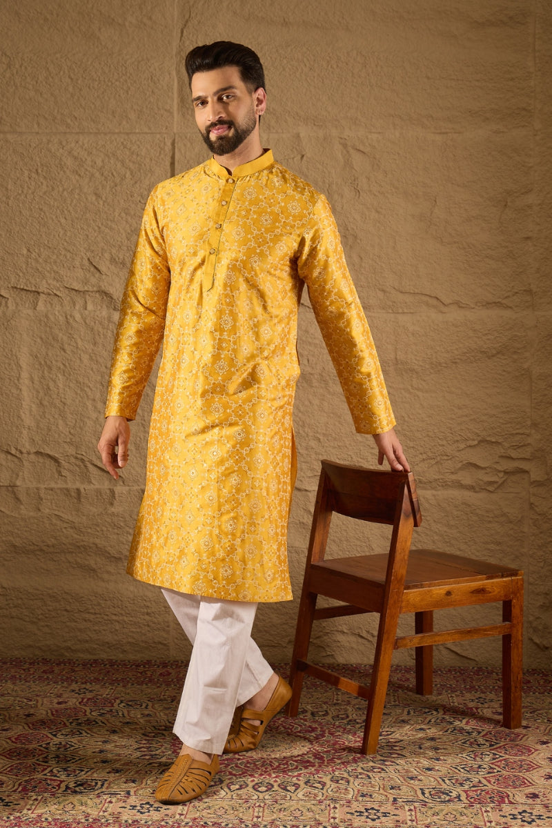 Yellow Silk Geometric Printed Straight Kurta | shobitam