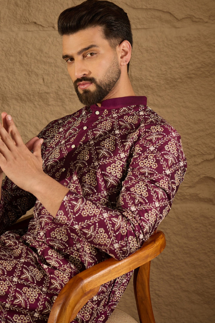 Purple Silk Printed Straight Kurta | SHOBITAM