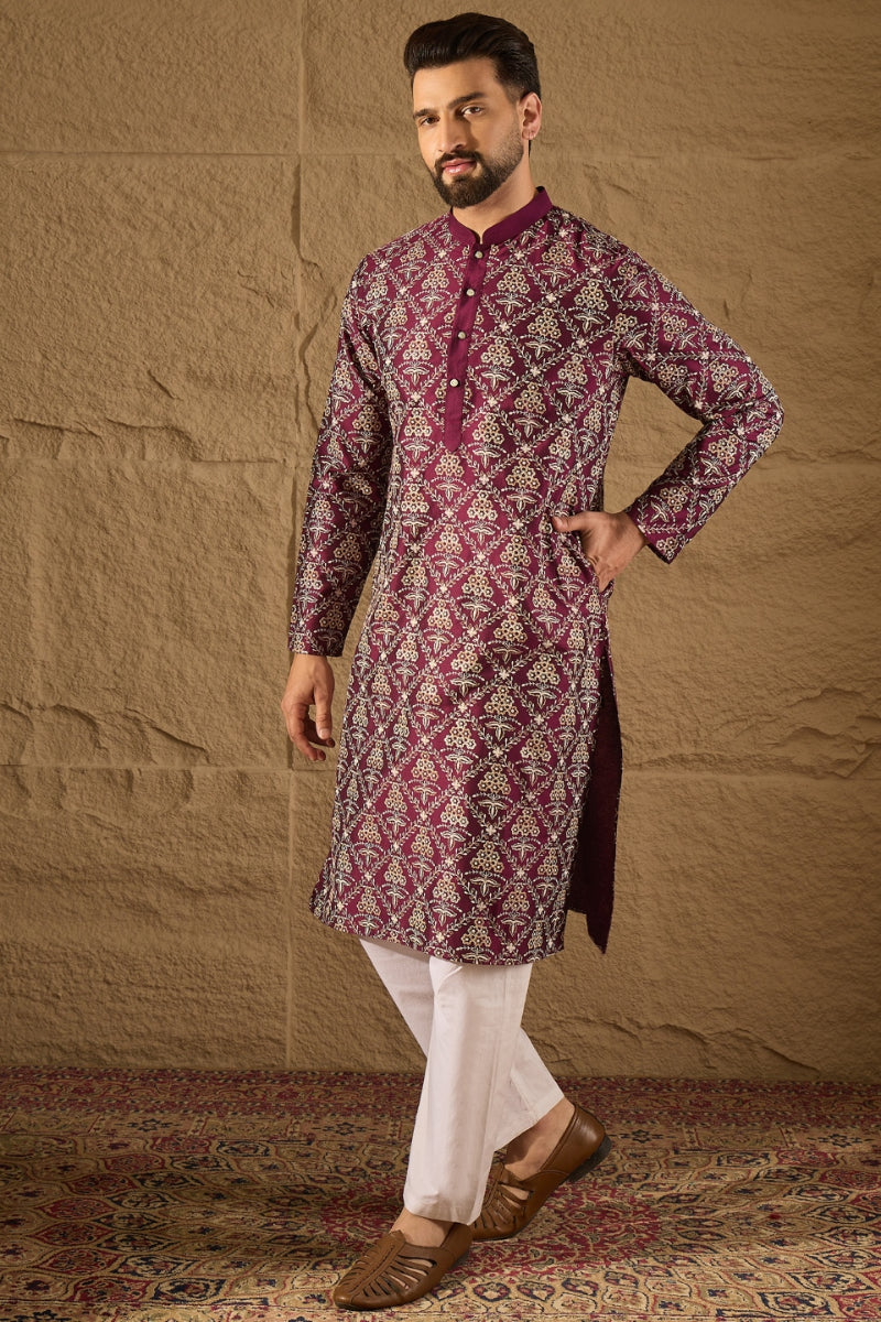Purple Silk Printed Straight Kurta | SHOBITAM