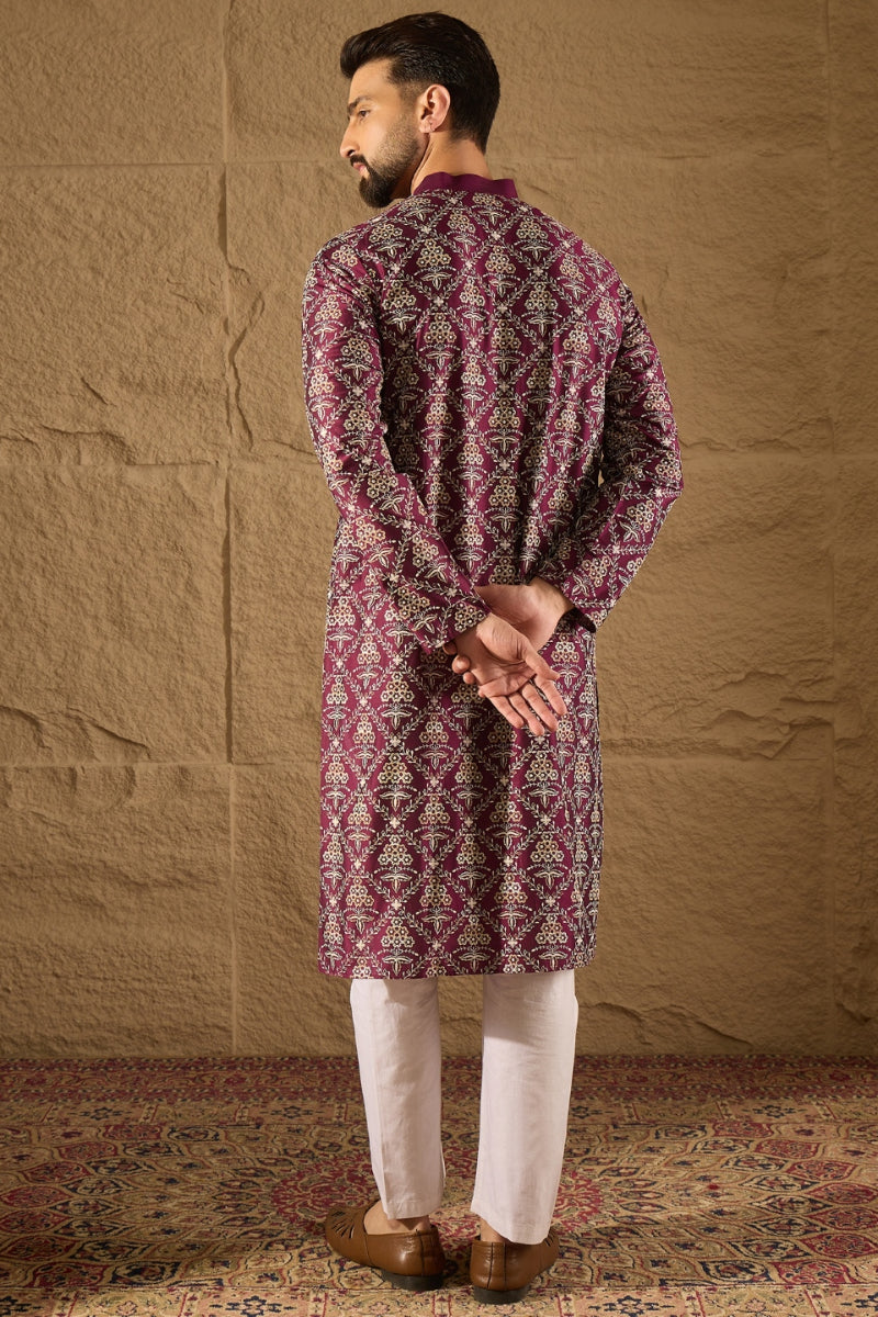 Purple Silk Printed Straight Kurta | SHOBITAM