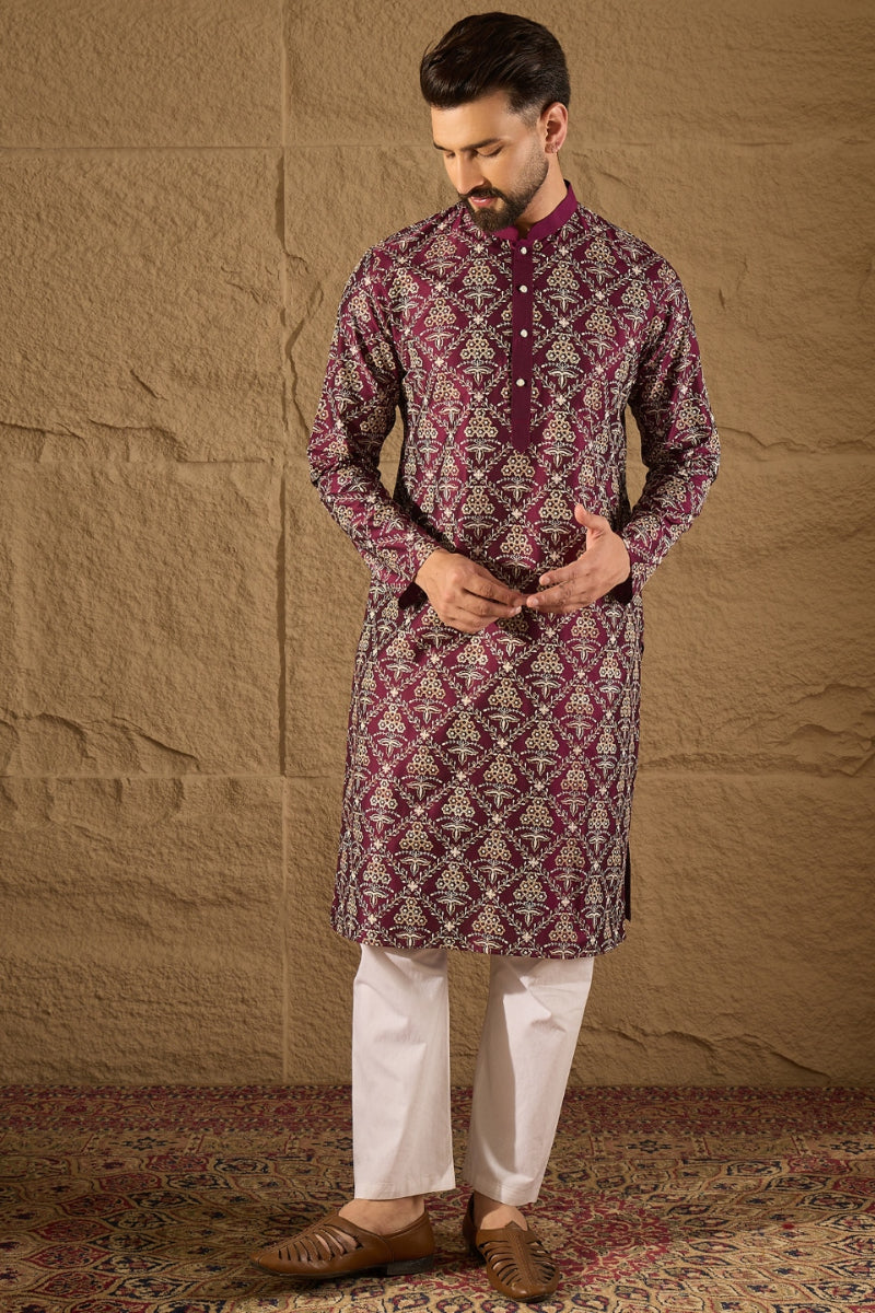 Purple Silk Printed Straight Kurta | SHOBITAM