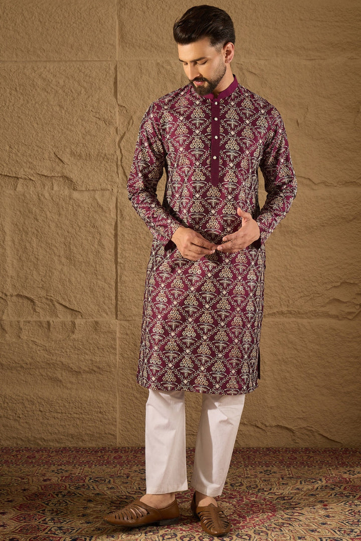 Purple Silk Printed Straight Kurta | SHOBITAM