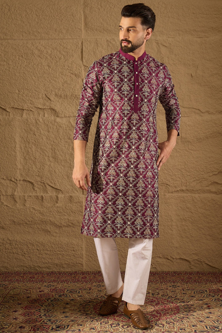 Purple Silk Printed Straight Kurta | SHOBITAM