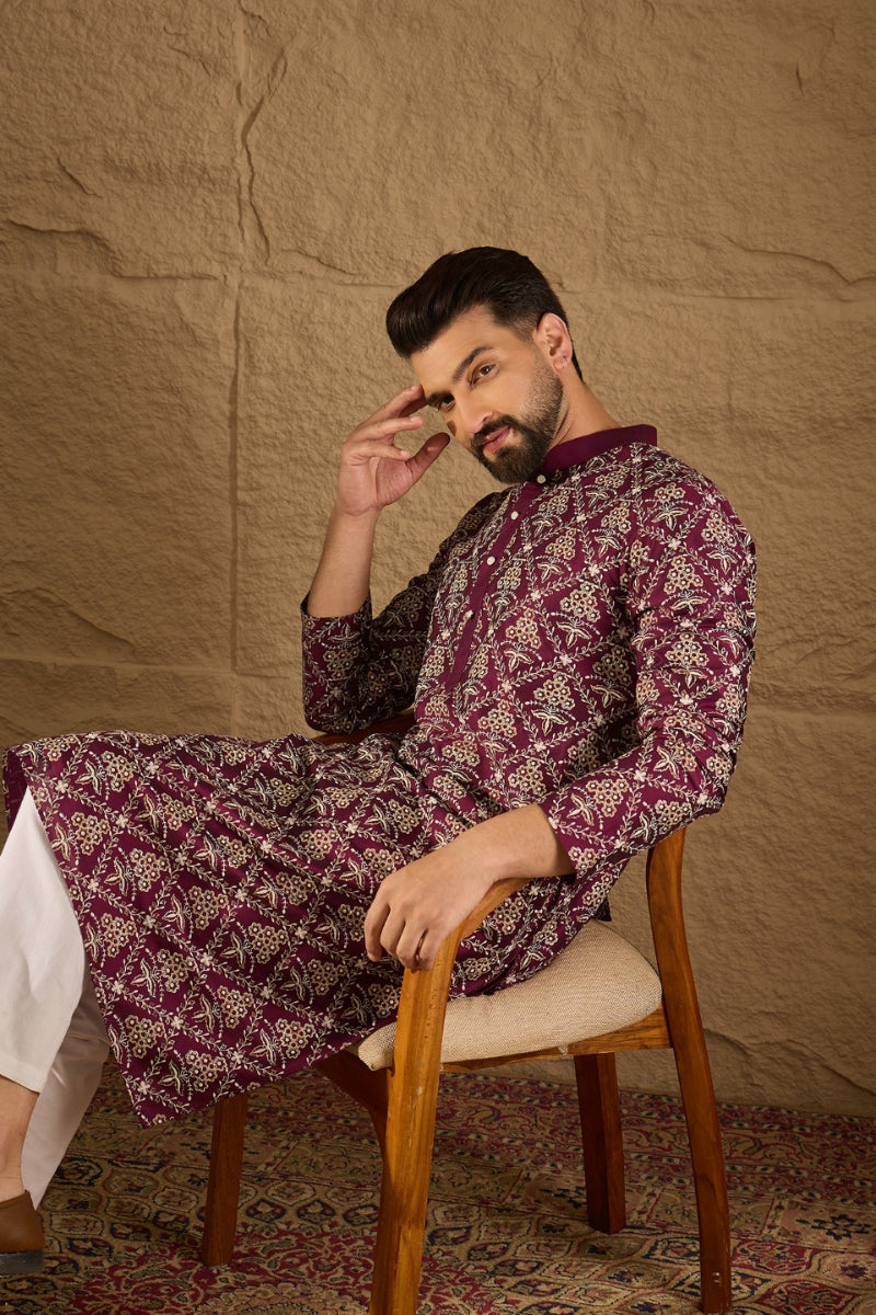 Purple Silk Printed Straight Kurta | SHOBITAM