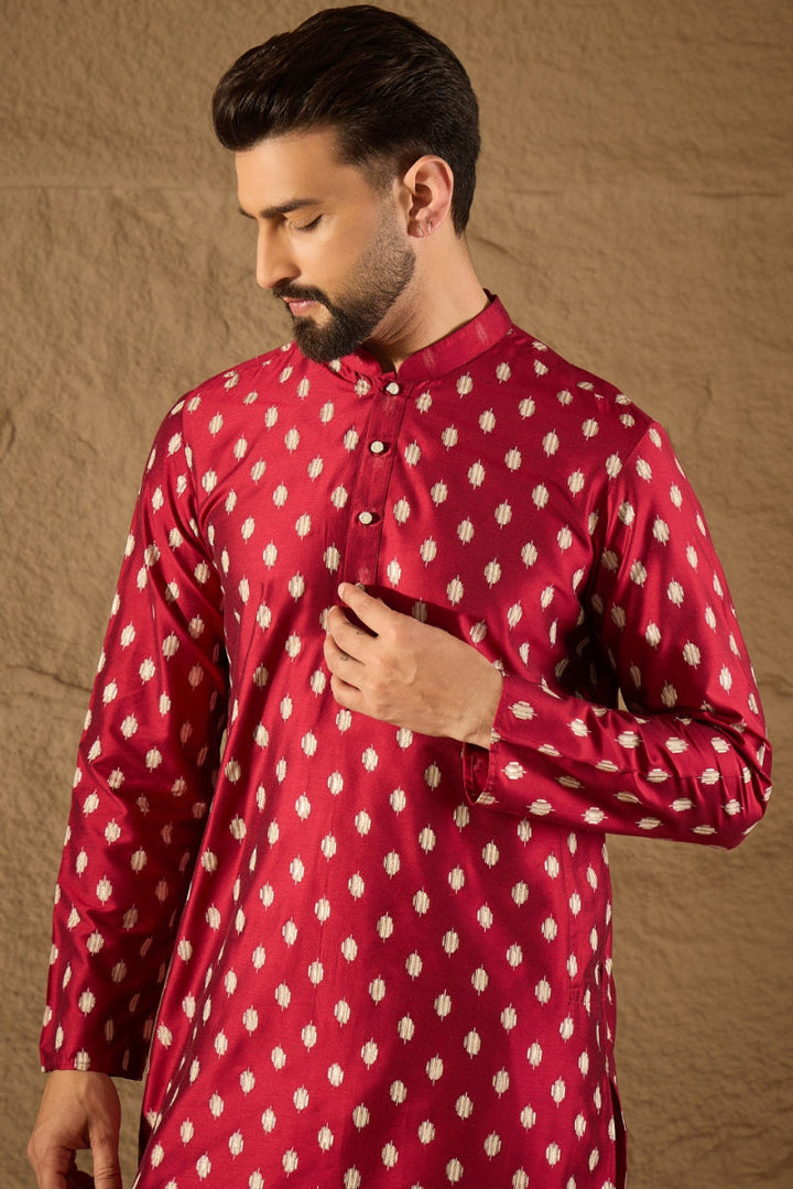 Maroon Silk Ikat Printed Straight Kurta With Pant Set | SHOBITAM