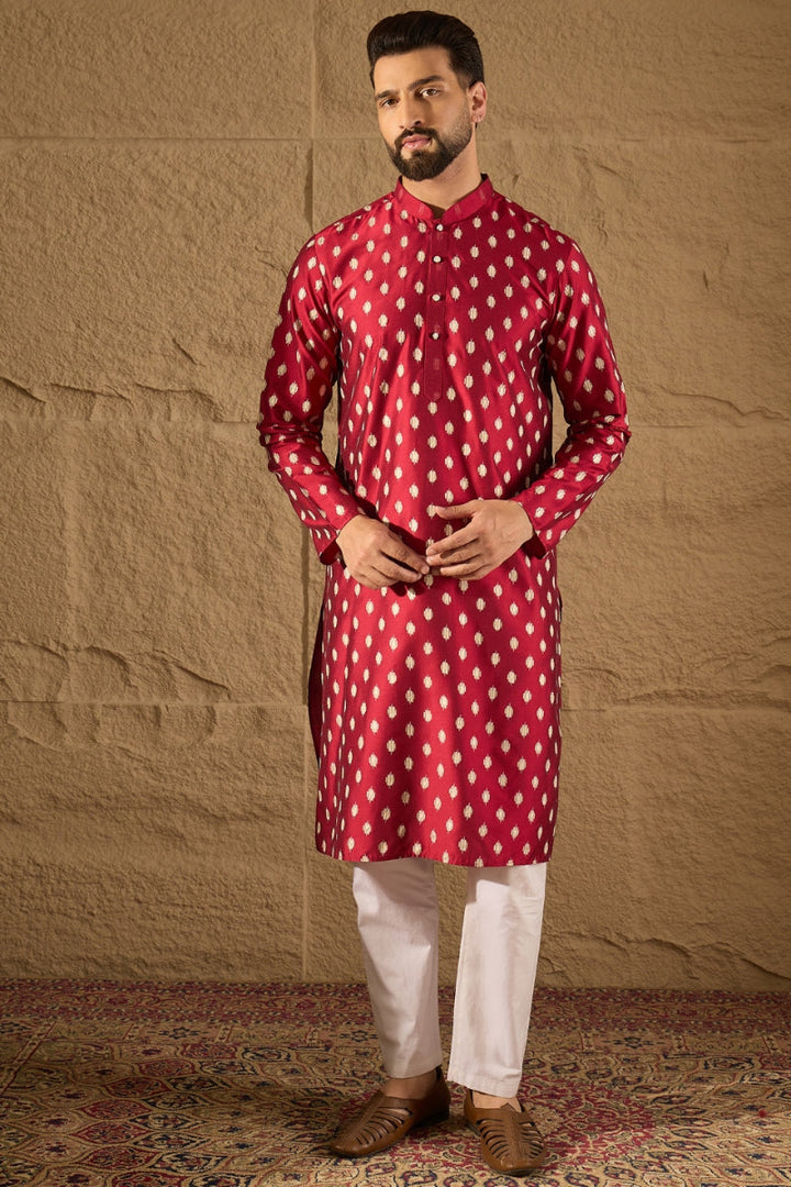 Maroon Pure Silk Ikkat Printed Straight Kurta | SHOBITAM