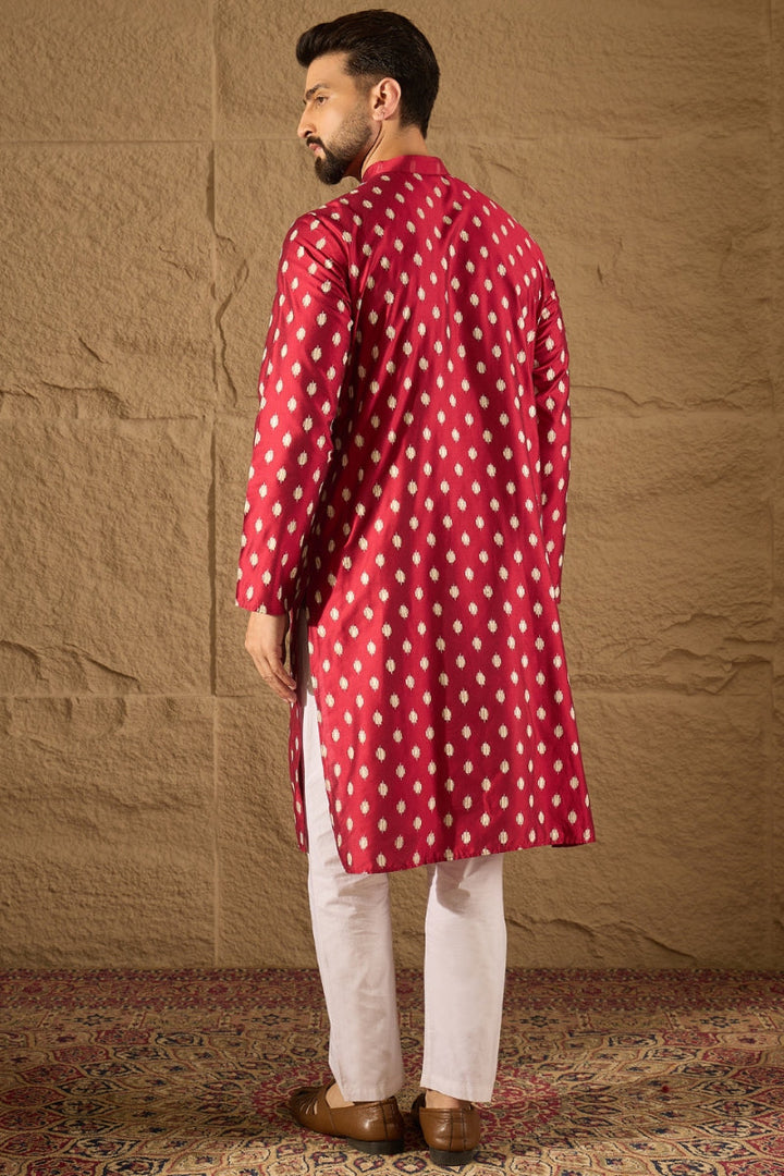Maroon Silk Ikat Printed Straight Kurta With Pant Set | SHOBITAM