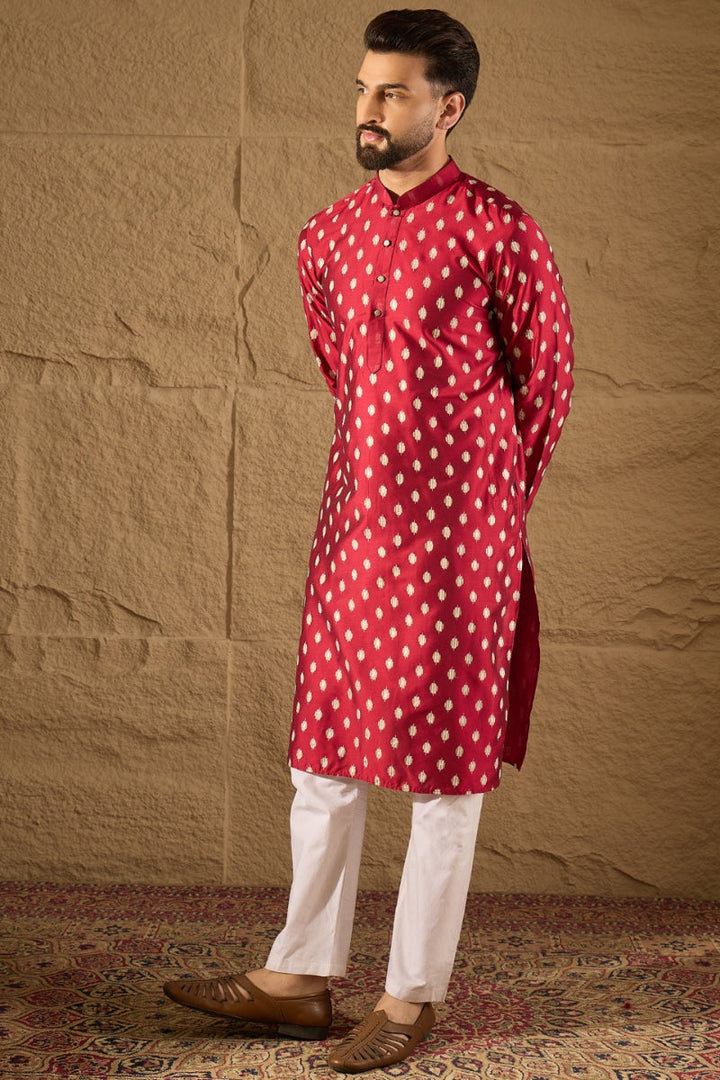 Maroon Silk Ikat Printed Straight Kurta With Pant Set | SHOBITAM