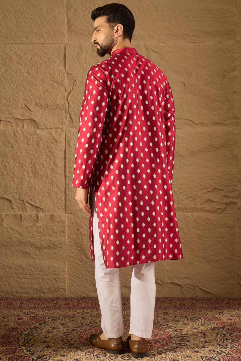 Maroon Pure Silk Ikkat Printed Straight Kurta | SHOBITAM