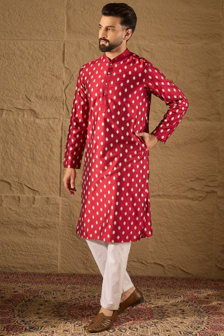 Maroon Pure Silk Ikkat Printed Straight Kurta | SHOBITAM