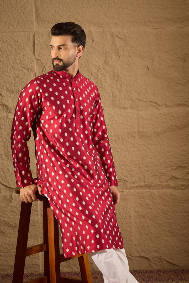 Maroon Silk Ikat Printed Straight Kurta With Pant Set | SHOBITAM