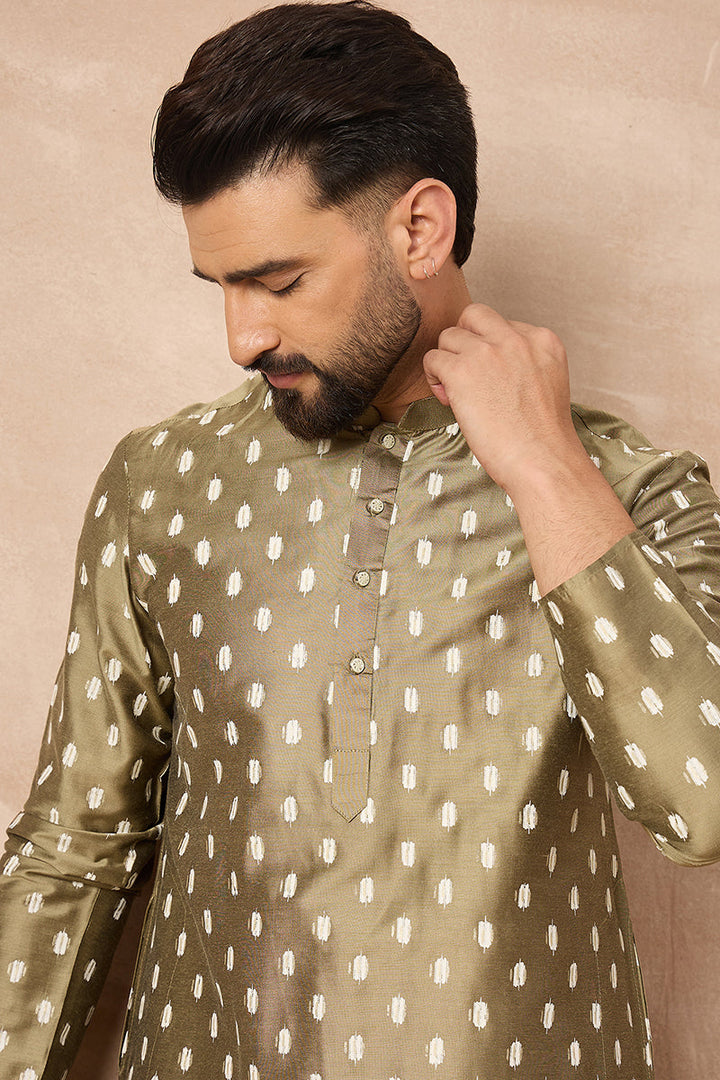 Olive Silk Ikat Printed Straight Kurta | SHOBITAM
