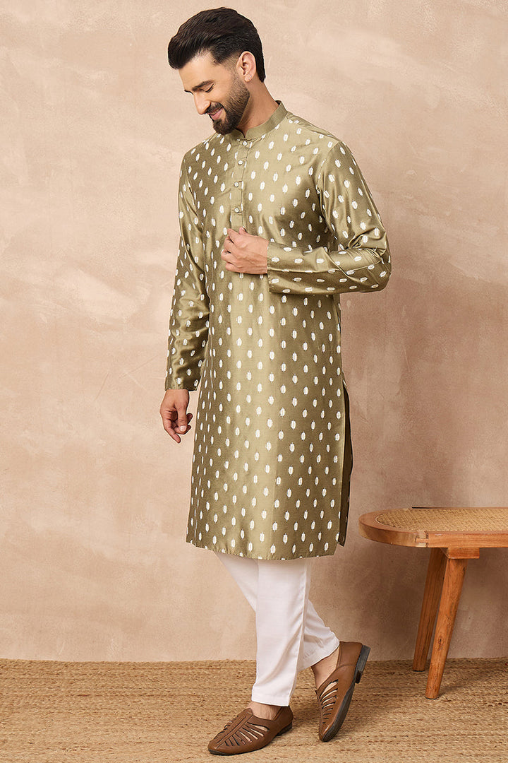 Olive Silk Ikat Printed Straight Kurta | SHOBITAM