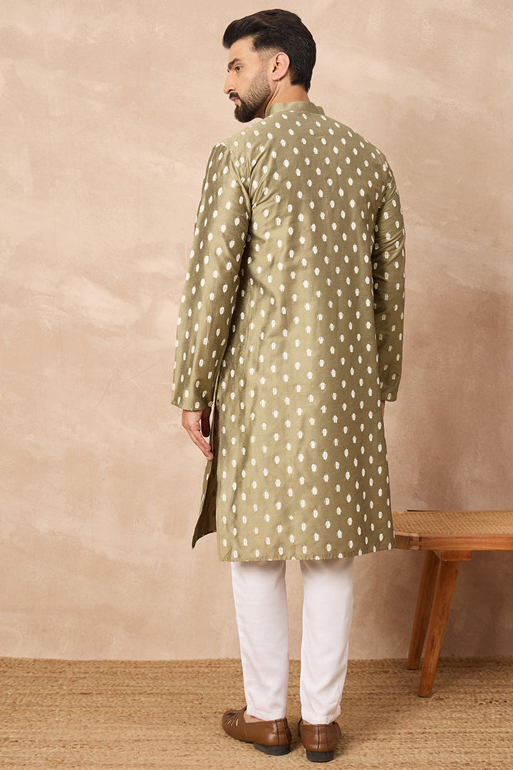 Olive Silk Ikat Printed Straight Kurta | SHOBITAM