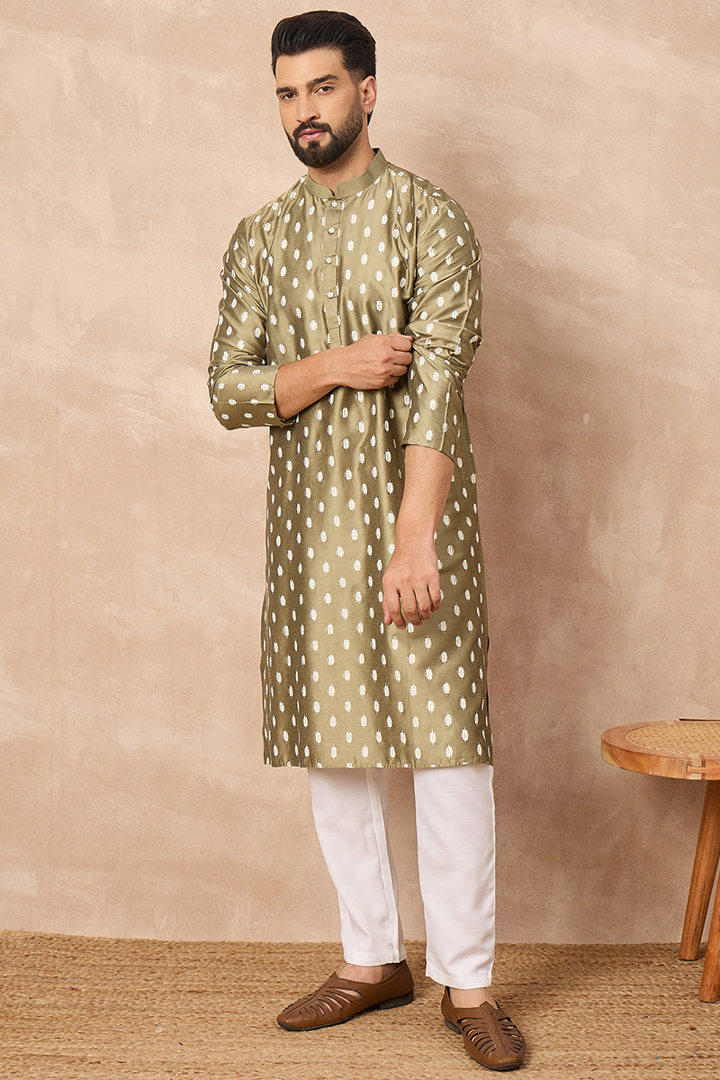Olive Silk Ikat Printed Straight Kurta | SHOBITAM