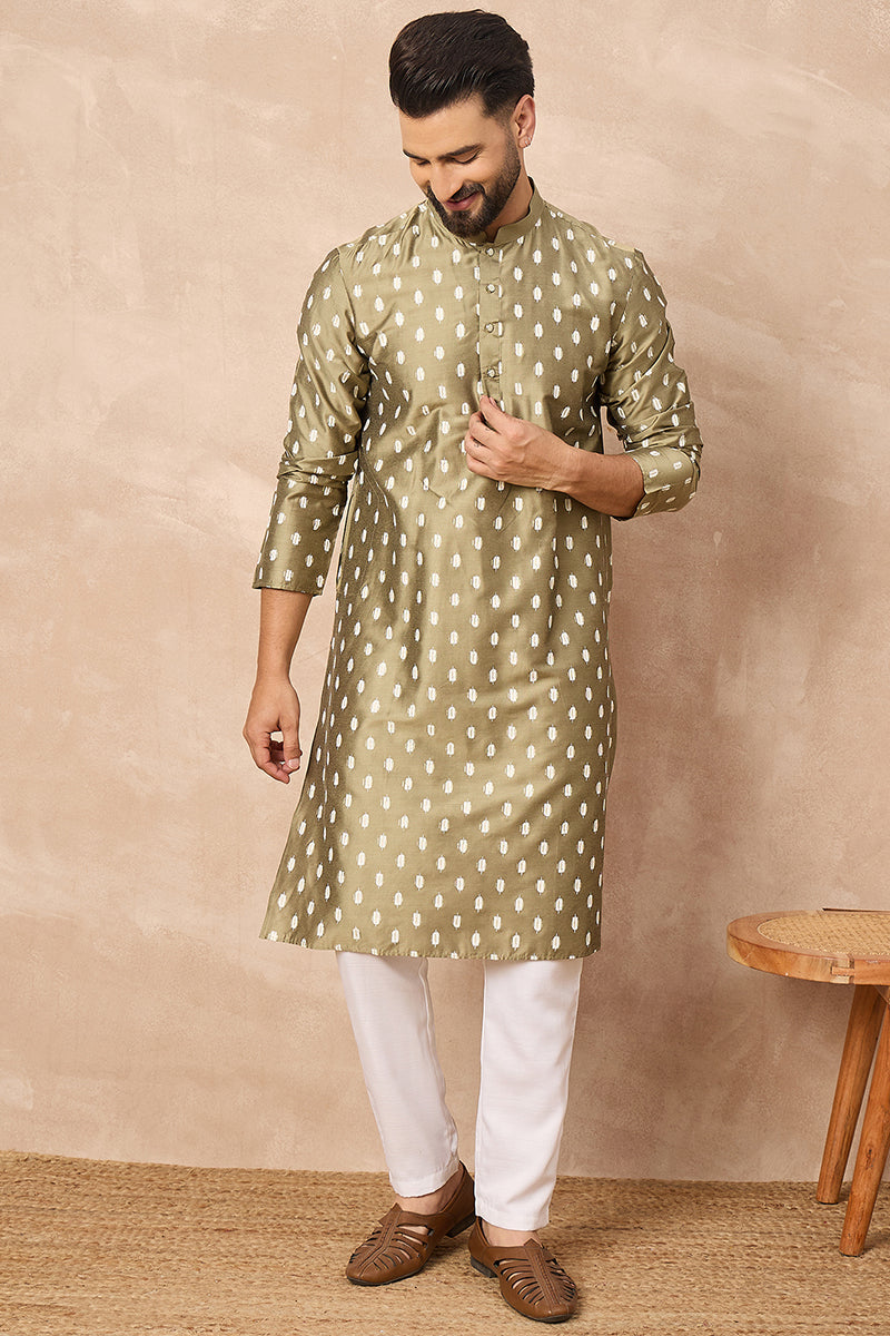 Olive Silk Ikat Printed Straight Kurta | SHOBITAM