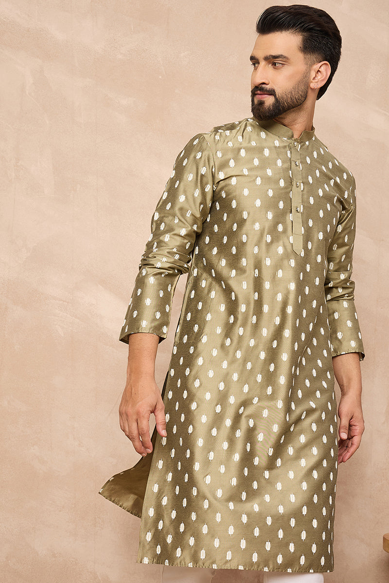 Olive Silk Ikat Printed Straight Kurta | SHOBITAM