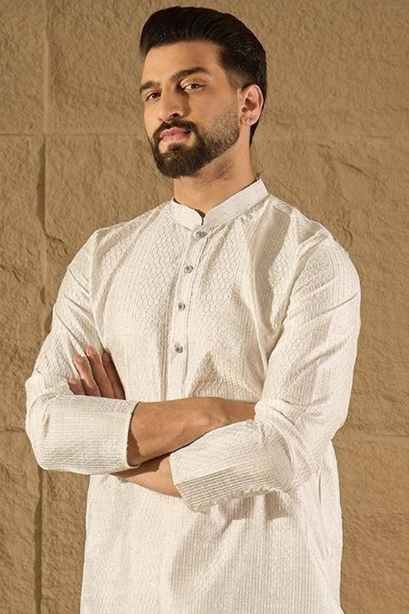 White Viscose Rayon Embroidered Mandarin Collar Straight Kurta | SHOBITAM