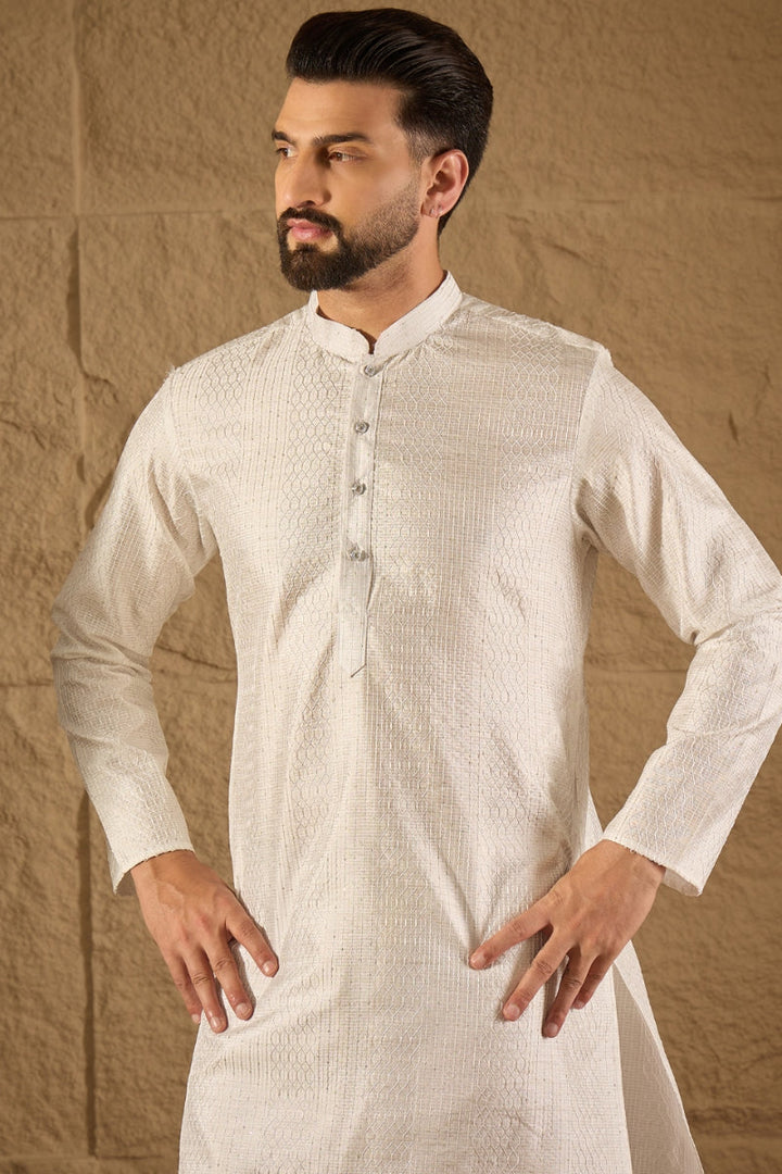 White Viscose Rayon Embroidered Mandarin Collar Straight Kurta | SHOBITAM