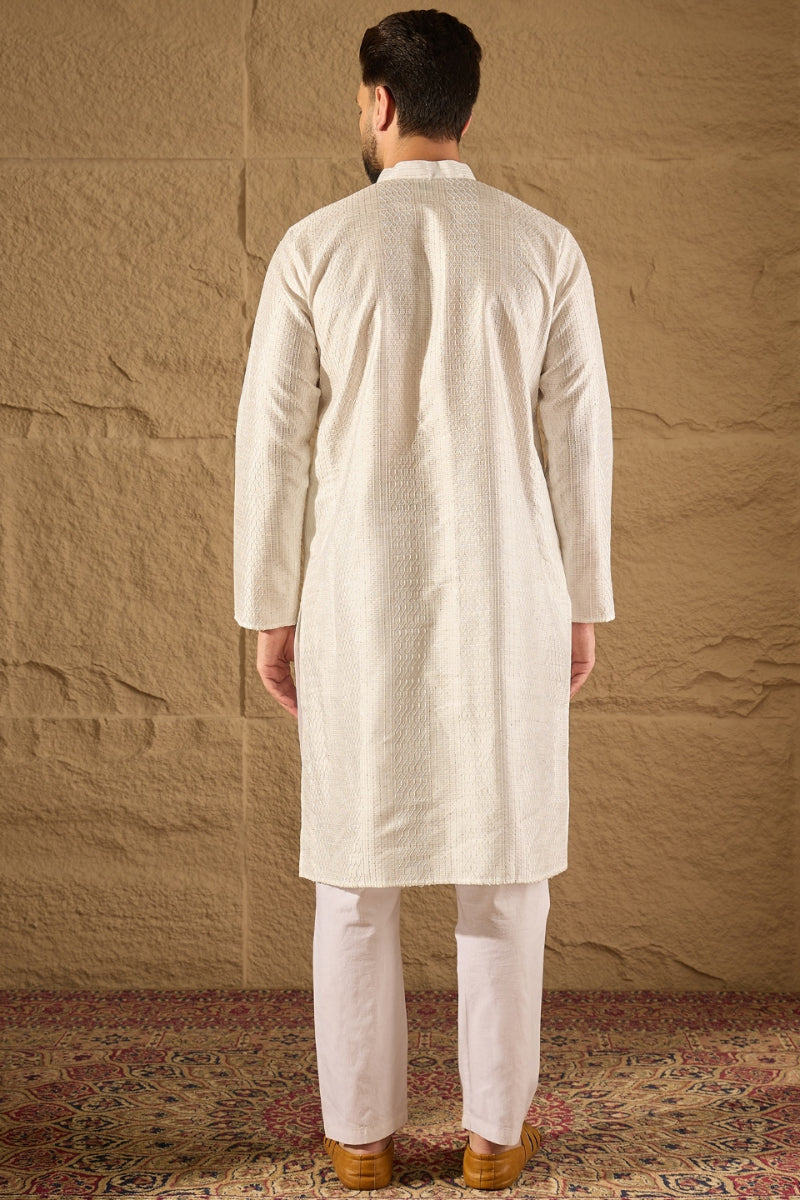 White Viscose Rayon Embroidered Mandarin Collar Straight Kurta | SHOBITAM