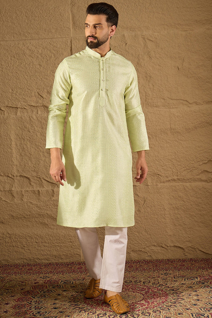 Green Silk Embroidered Straight Kurta | SHOBITAM
