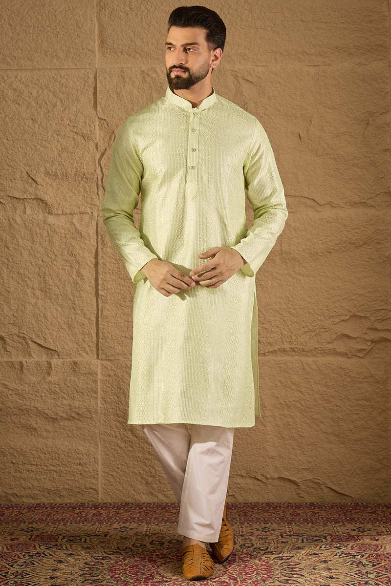 Green Silk Embroidered Straight Kurta | SHOBITAM
