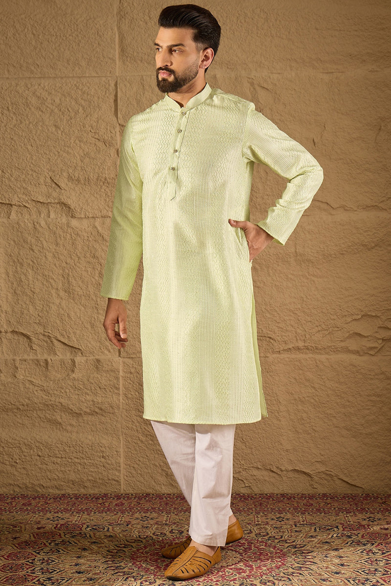 Green Silk Embroidered Straight Kurta | SHOBITAM