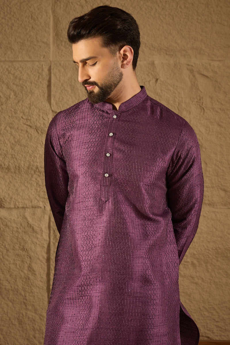 Purple Viscose Rayon Embroidered Mandarin Collar Straight Kurta | SHOBITAM