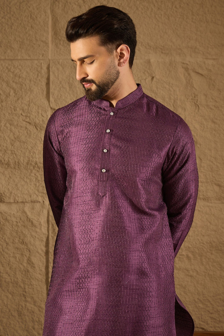 Purple Viscose Rayon Embroidered Mandarin Collar Straight Kurta | SHOBITAM