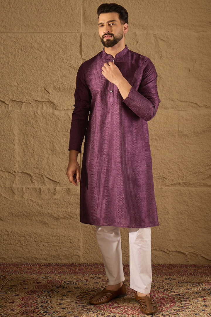 Purple Viscose Rayon Embroidered Mandarin Collar Straight Kurta | SHOBITAM