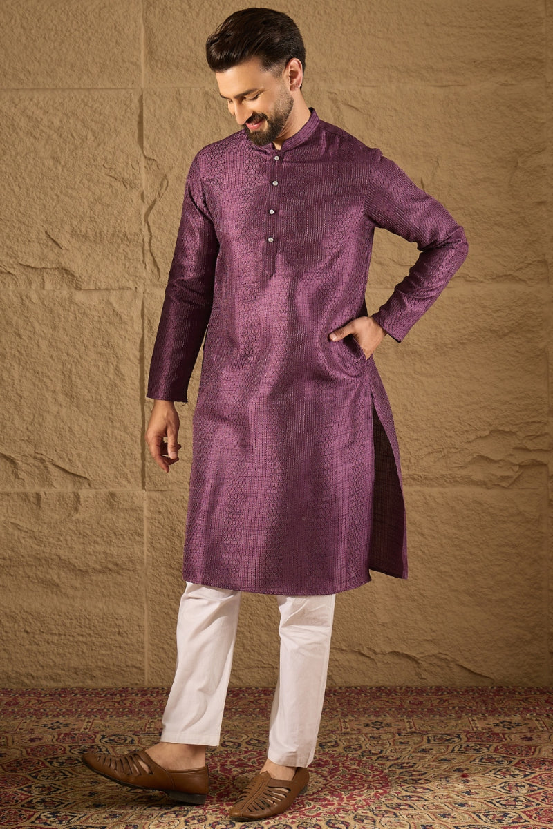 Purple Viscose Rayon Embroidered Mandarin Collar Straight Kurta | SHOBITAM